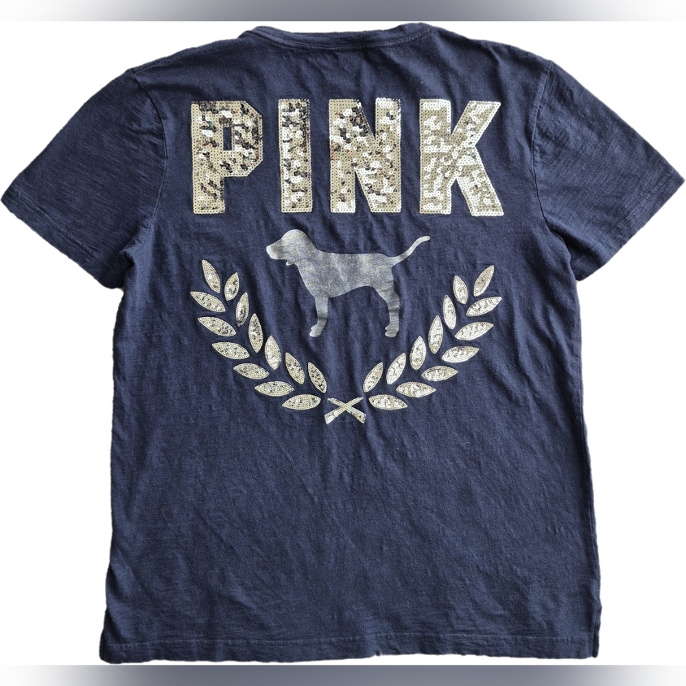 PINK Victoria’s Secret Bling Retro Sequin Logo Blue T-Shirt - Medium - EUC
